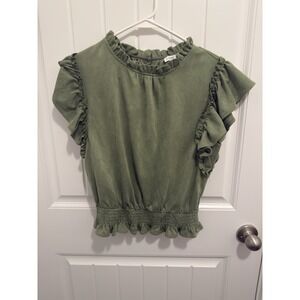 Voy Women's Blouse‎ Olive Green Soft Suede Like Feel Size Small